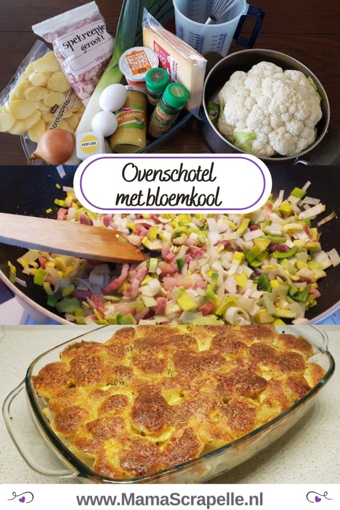 Bloemkool ovenschotel met spekjes en aardappelschijfjes, een recept voor 4 personen